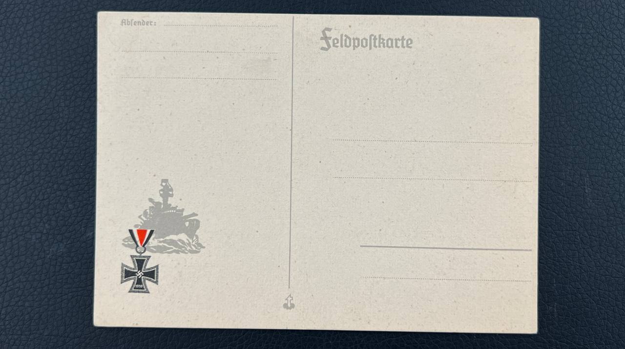 Немецкая почтовая открытка с Железным Крестом 2-го класса на фоне эсминца.