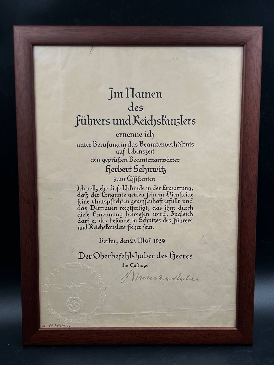 Документ о назначении на государственную службу. Третий Рейх.